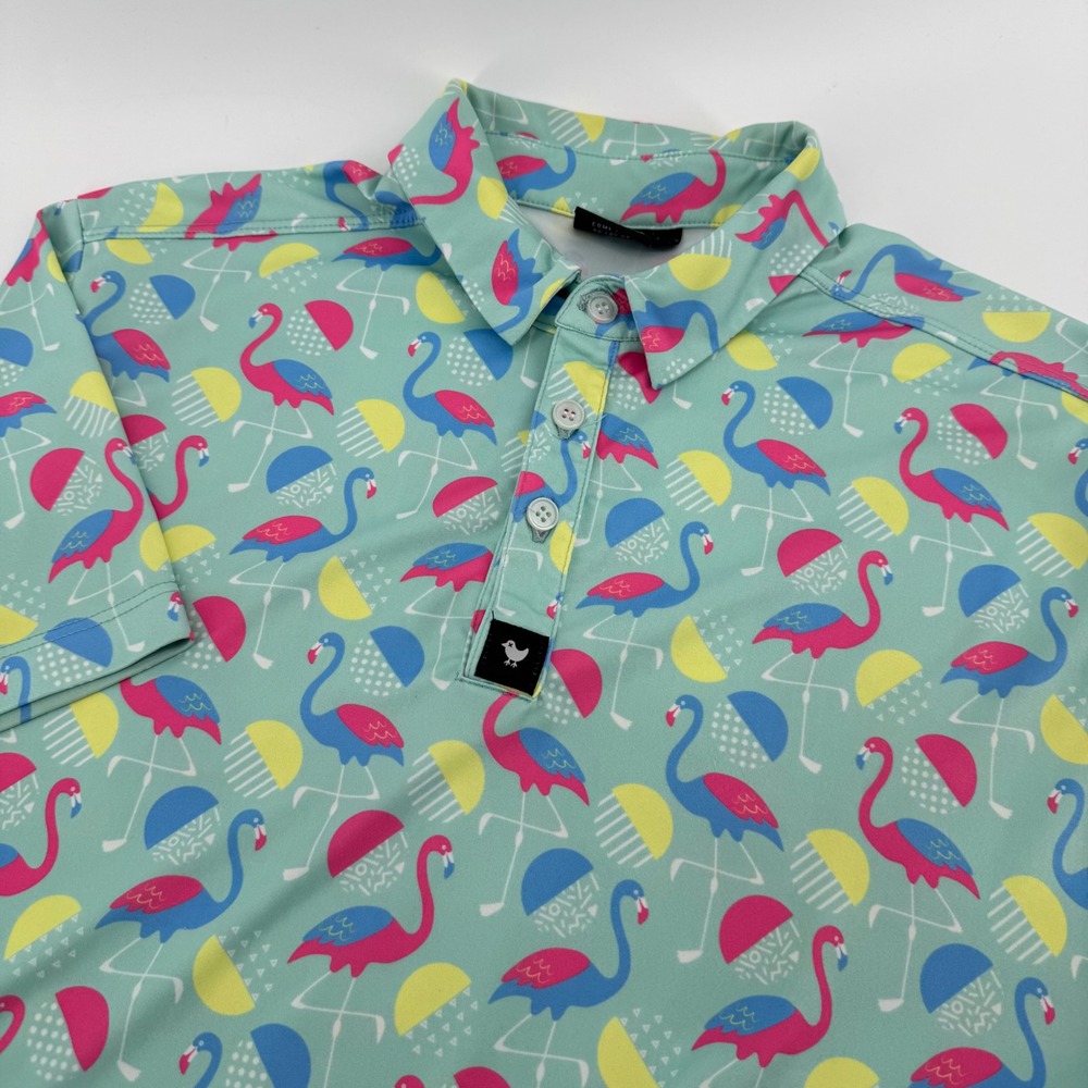 Bad Birdie Golf Polo Mens M Teal Flamingo Print Short Sleeve Performance Shirt